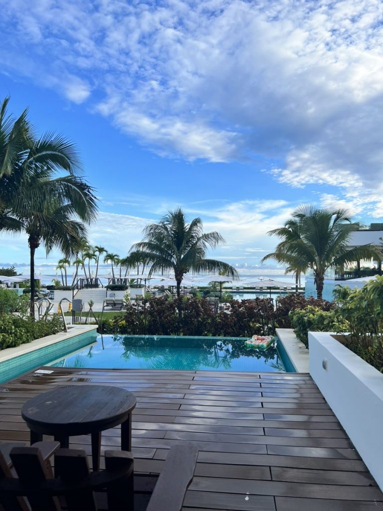 Blue sky, palm trees and pool